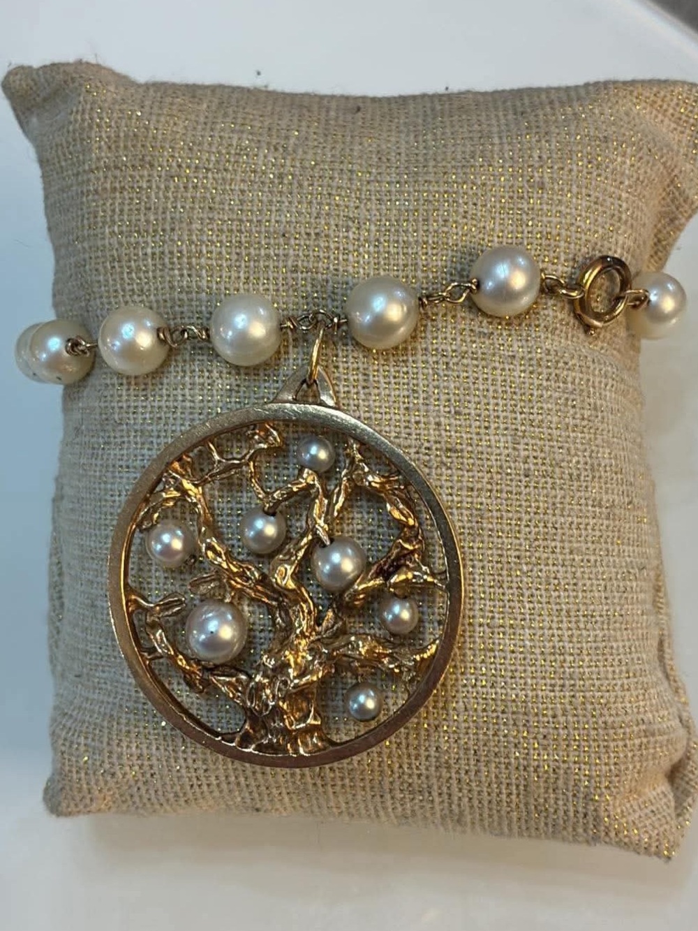 14KT Gold Pearl Tree of life Medallion Bracelet